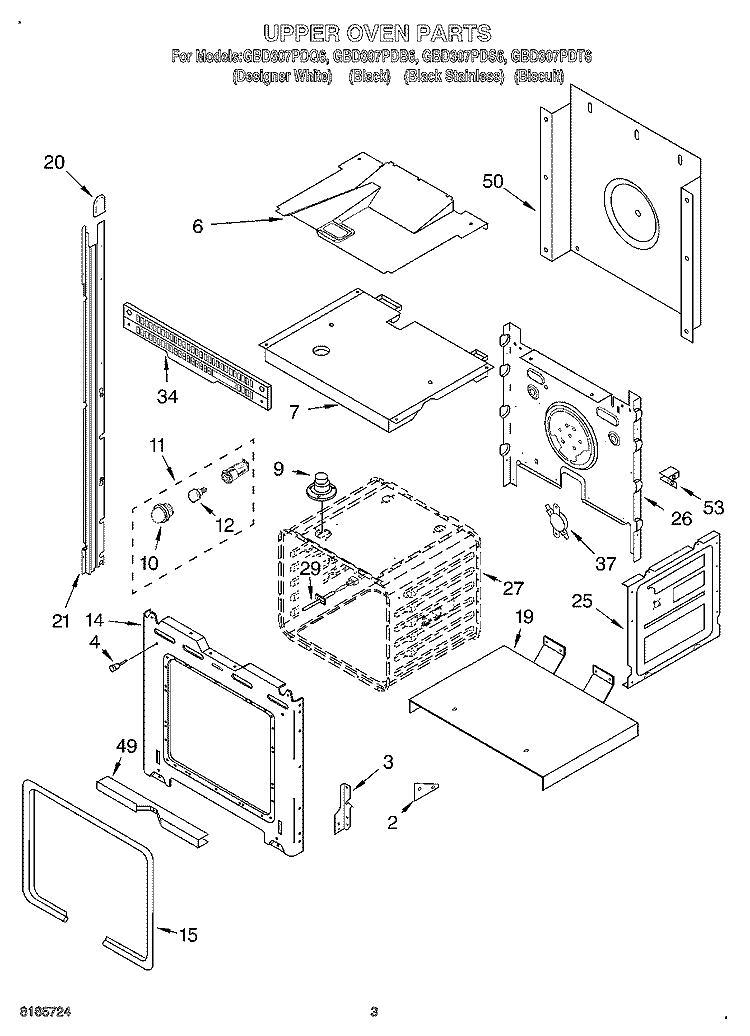 UPPER OVEN Diagram and Parts List for GBD307PDS6  Whirlpool Wall Oven