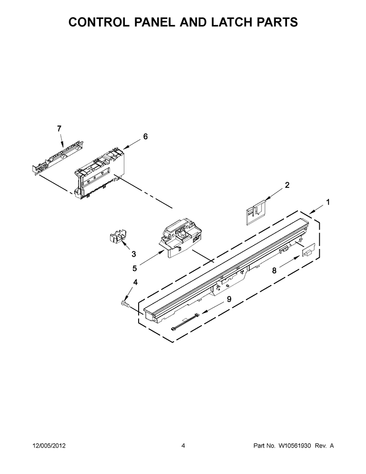 CONTROL PANEL AND LATCH PARTS Diagram and Parts List for KUDE60FXWH5  KitchenAid Dishwasher