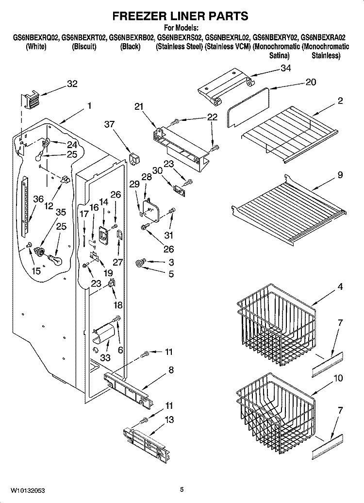 FREEZER LINER PARTS Diagram and Parts List for GS6NBEXRA02  Whirlpool Refrigerator