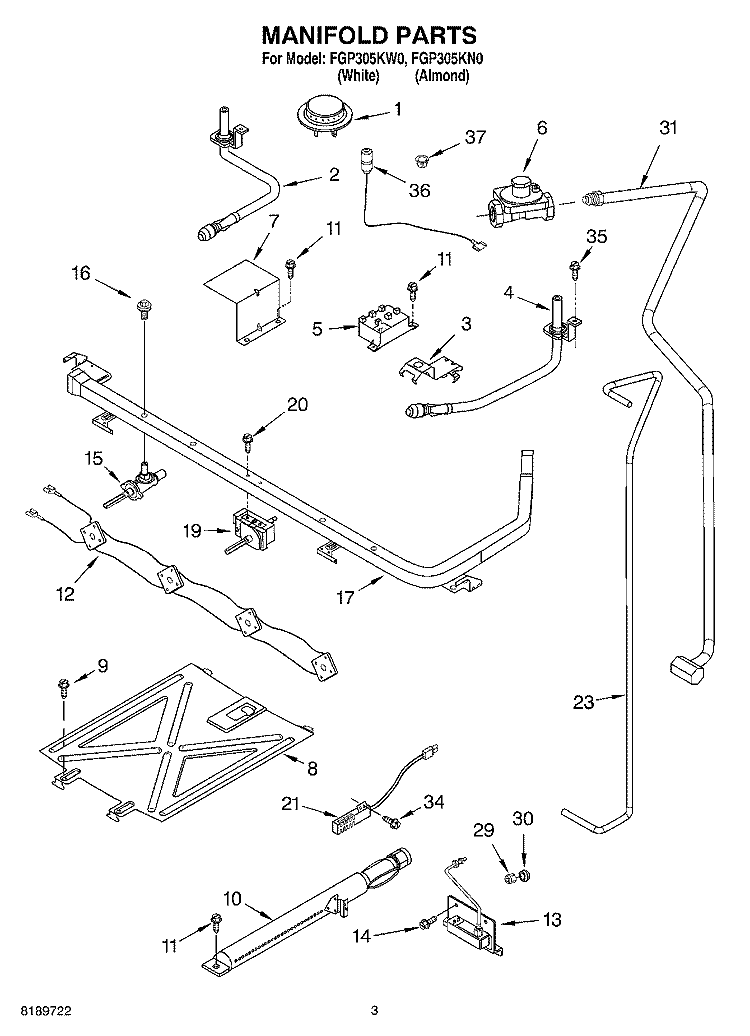 MANIFOLD Diagram and Parts List for FGP305KN0  Roper Range