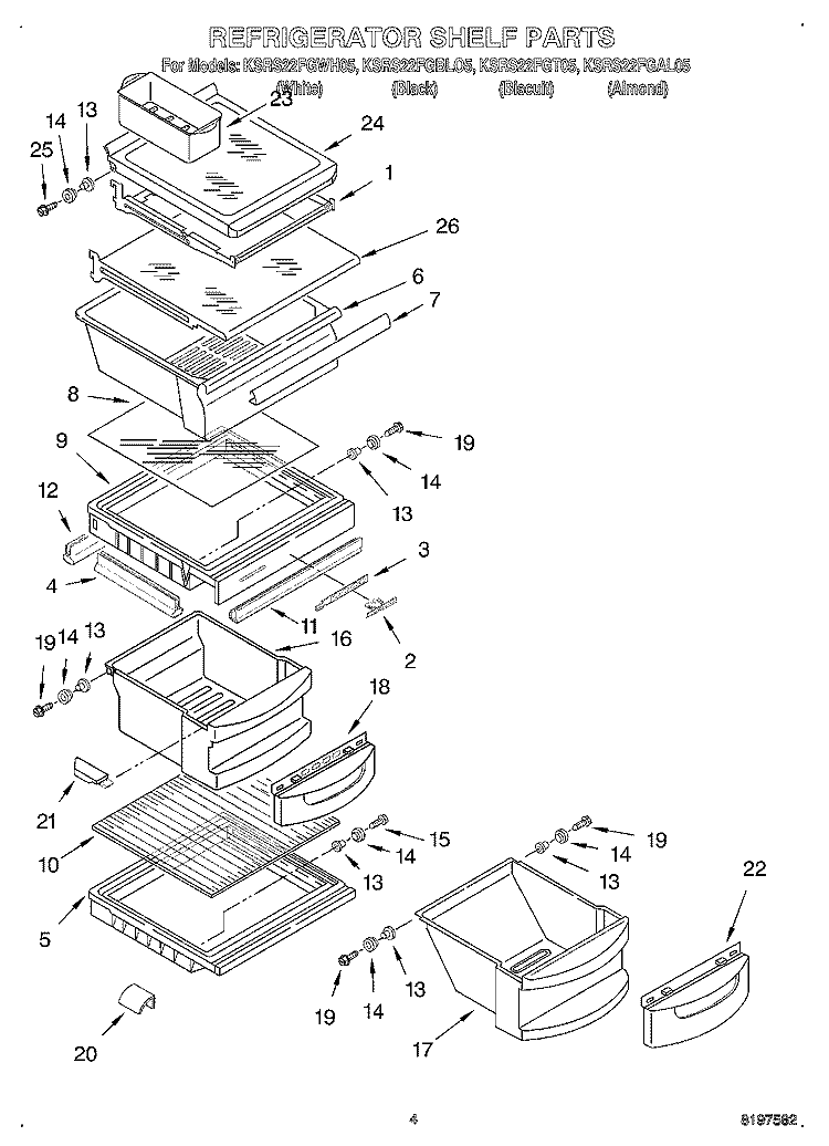 REFRIGERATOR SHELF Diagram and Parts List for KSRS22FGBL05  KitchenAid Refrigerator
