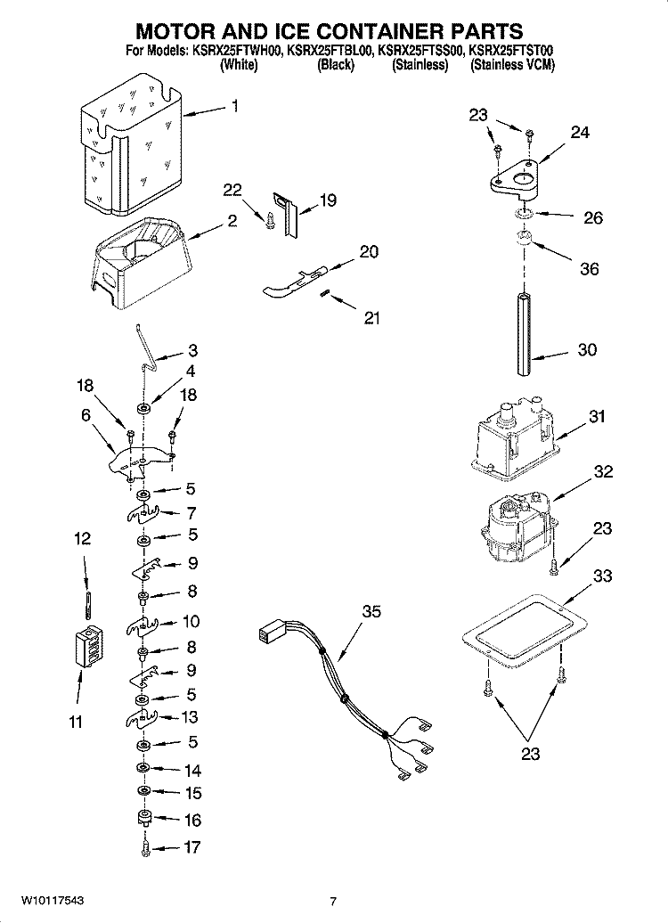 MOTOR AND ICE CONTAINER PARTS Diagram and Parts List for KSRX25FTSS00  KitchenAid Refrigerator