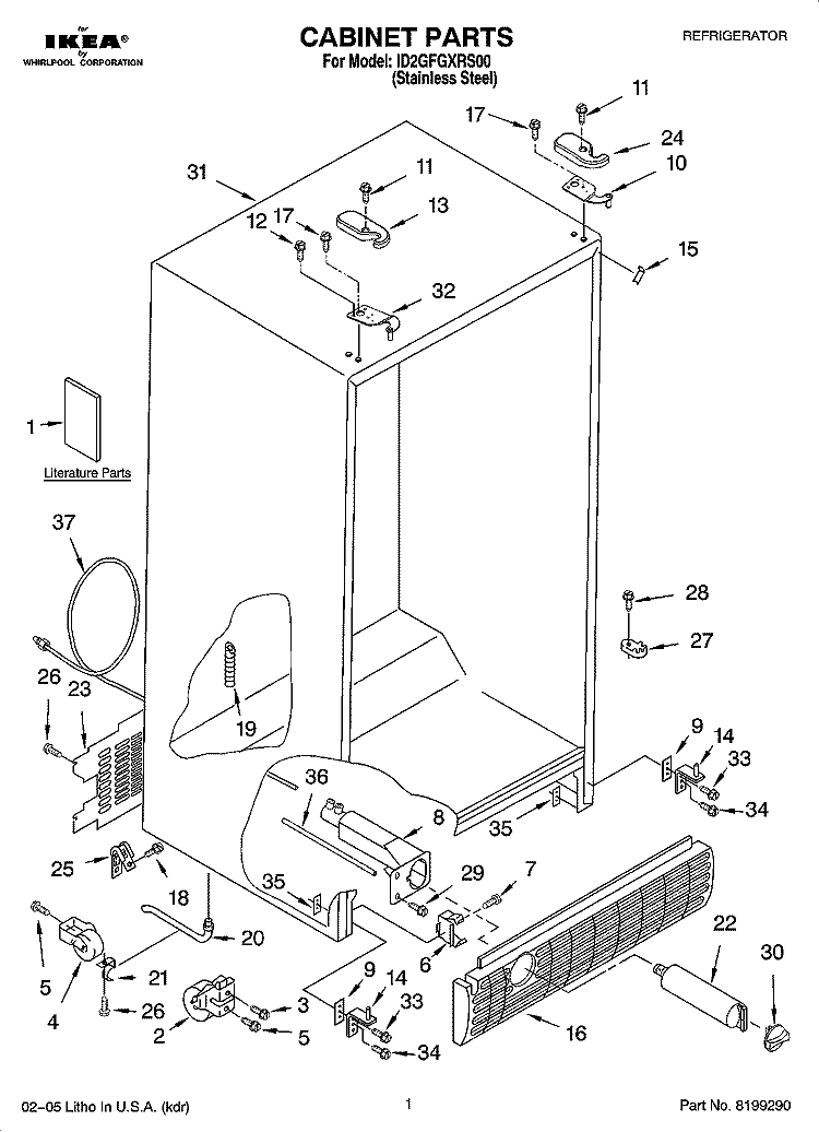 CABINET PARTS Diagram and Parts List for ID2GFGXRS00  Whirlpool Refrigerator