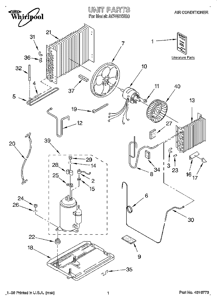 UNIT, LITERATURE Diagram and Parts List for ACV072XG0  Whirlpool Air Conditioner