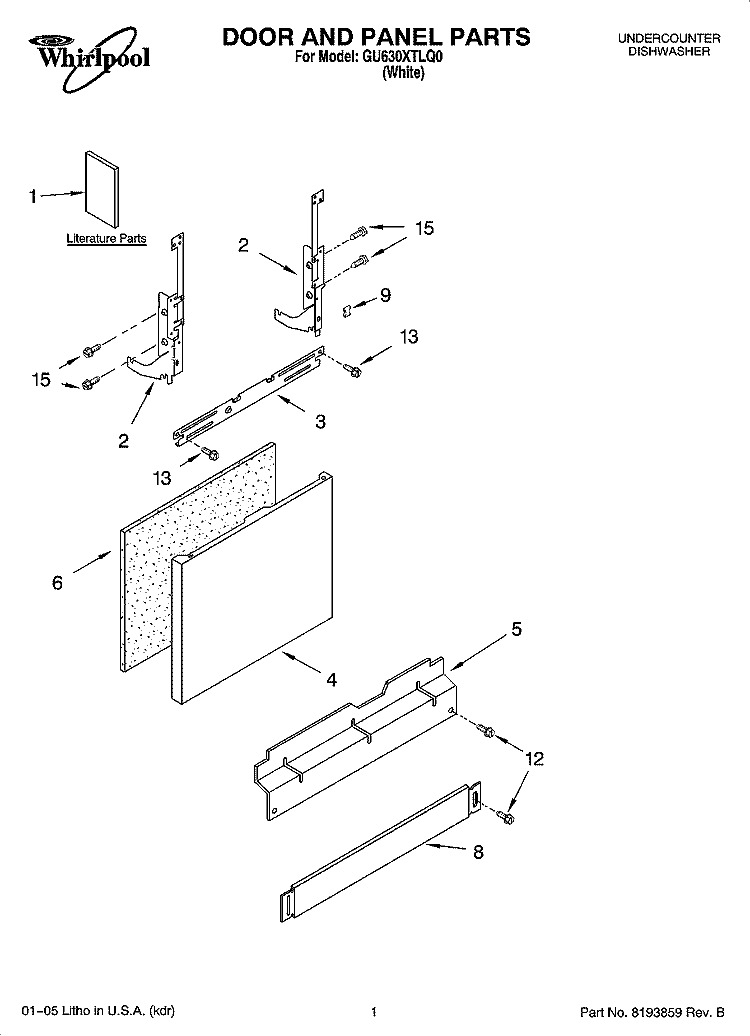 DOOR AND PANEL PARTS Diagram and Parts List for GU630XTLQ0  Whirlpool Dishwasher