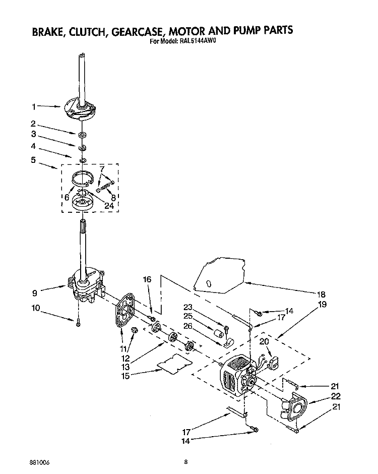 BRAKE, CLUTCH, GEARCASE, MOTOR AND PUMP Diagram and Parts List for RAL5144AL0  Whirlpool Washer