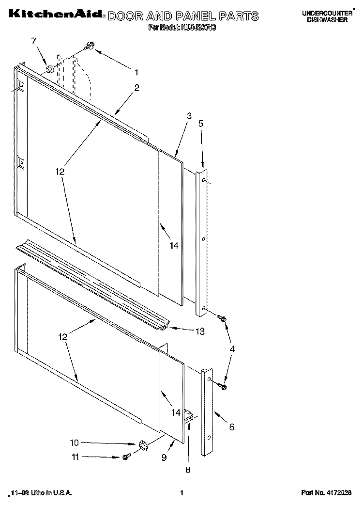 DOOR AND PANEL Diagram and Parts List for KUDJ230Y3  KitchenAid Dishwasher