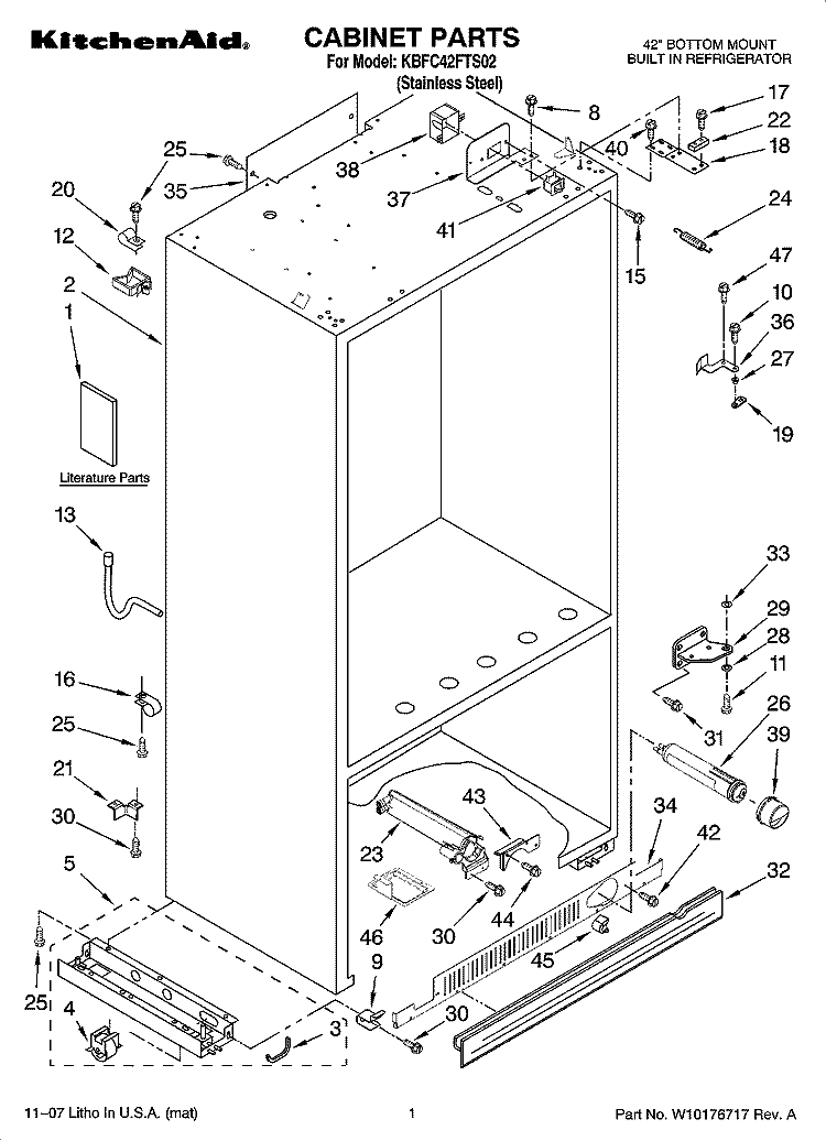 CABINET PARTS Diagram and Parts List for KBFC42FTS02  KitchenAid Refrigerator