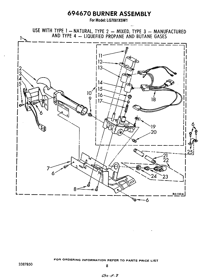 694670 BURNER Diagram and Parts List for LG7081XSM1  Whirlpool Dryer