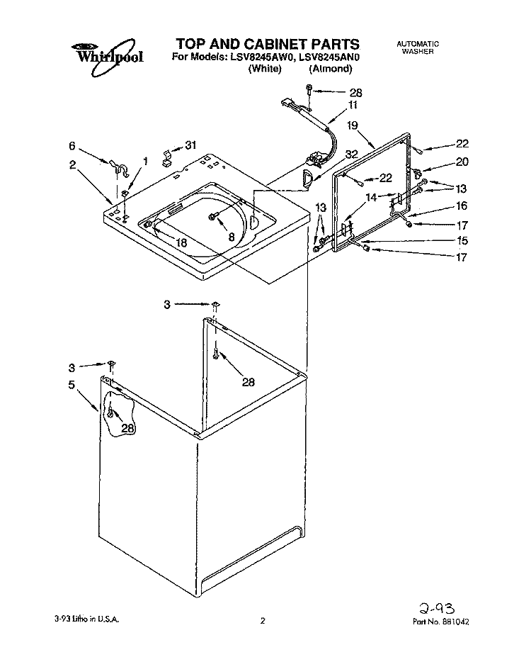 TOP AND CABINET, LIT/OPTIONAL Diagram and Parts List for LSV8245AW0  Whirlpool Washer
