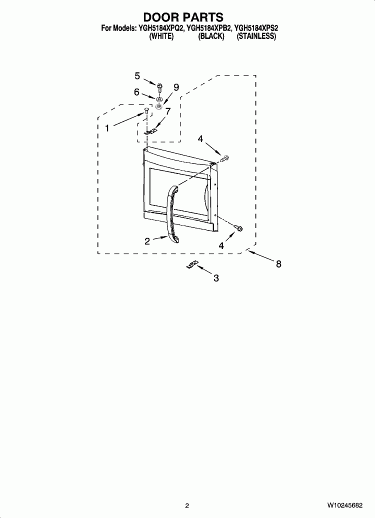 DOOR PARTS Diagram and Parts List for YGH5184XPQ2  Whirlpool Microwave
