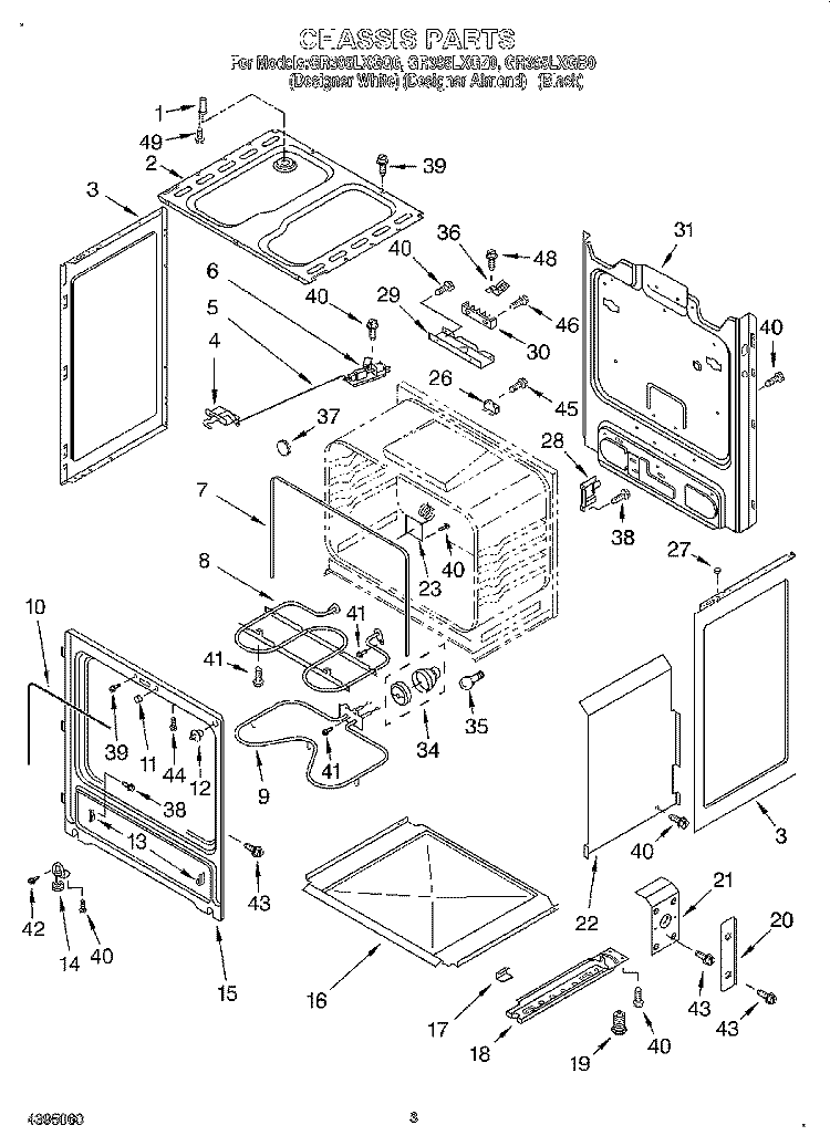 CHASSIS Diagram and Parts List for GR395LXGB0  Whirlpool Range