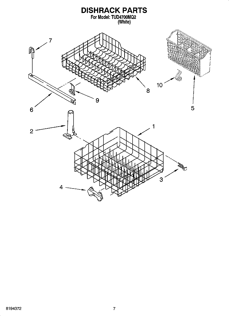 DISHRACK PARTS, OPTIONAL PARTS (NOT INCLUDED) Diagram and Parts List for TUD4700MQ2  Estate Dishwasher