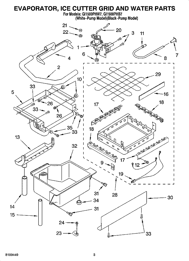 EVAPORATOR ICE CUTTER GRID AND WATER PARTS Diagram and Parts List for GI1500PHB7  Whirlpool Ice Maker