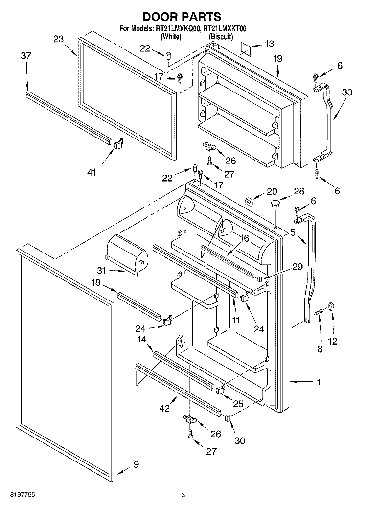 DOOR Diagram and Parts List for RT21LMXKQ00  Roper Refrigerator