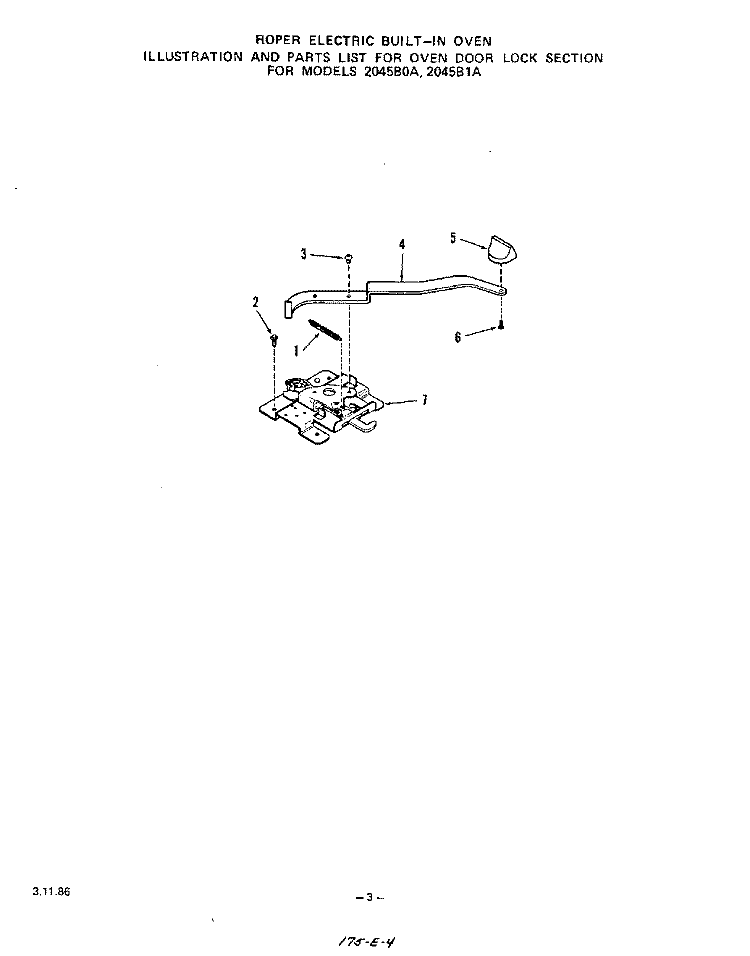 OVEN DOOR LOCK Diagram and Parts List for 2045B1A  Roper Range