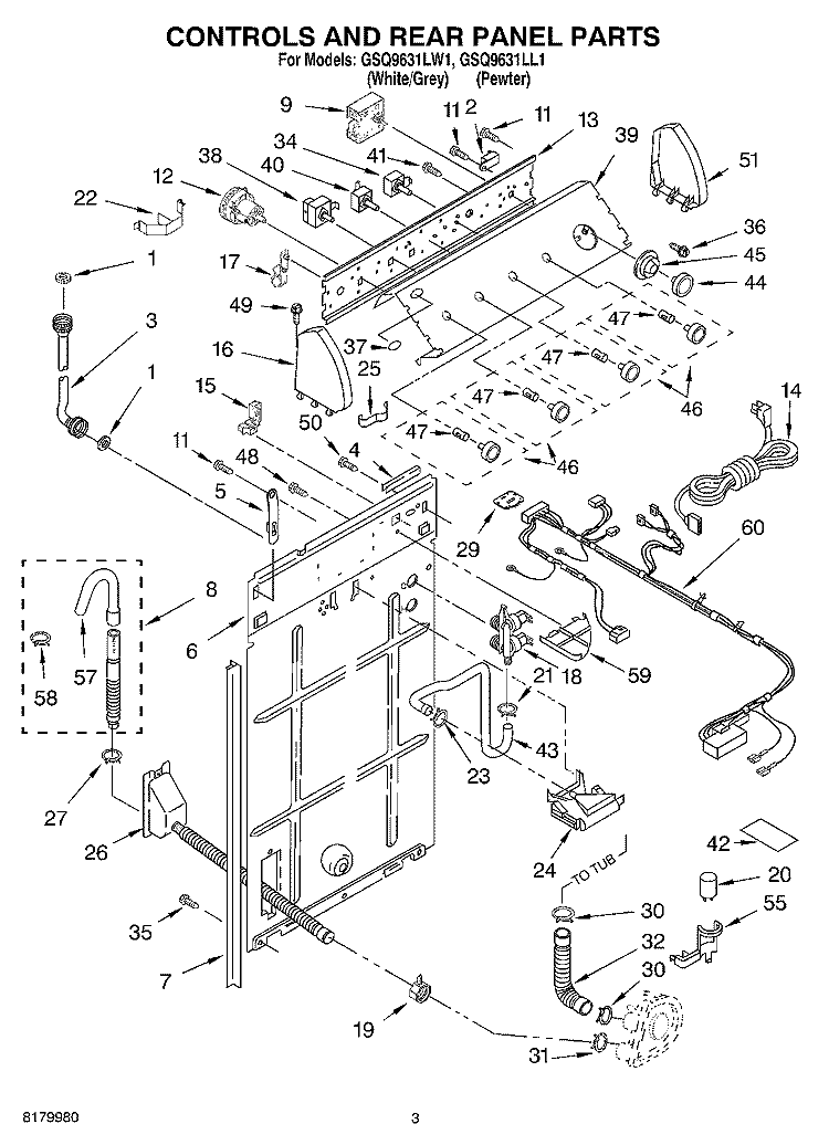 CONTROLS AND REAR PANEL PARTS Diagram and Parts List for GSQ9631LW1  Whirlpool Washer