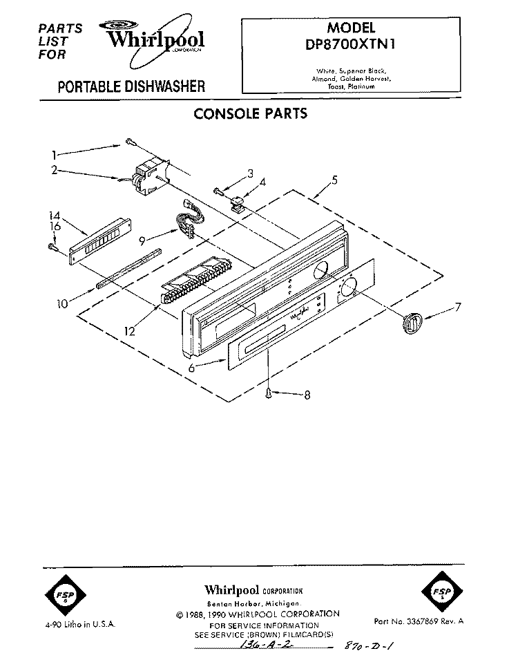 CONSOLE Diagram and Parts List for DP8700XTN1  Whirlpool Dishwasher