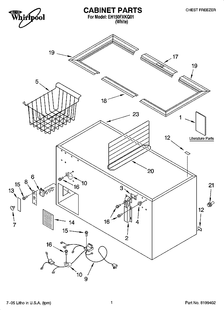 CABINET PARTS Diagram and Parts List for EH150FXKQ01  Whirlpool Freezer