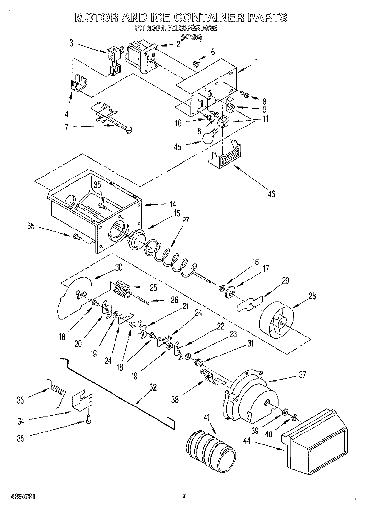 MOTOR AND ICE CONTAINER Diagram and Parts List for 7ED25PQXDW02  Whirlpool Refrigerator