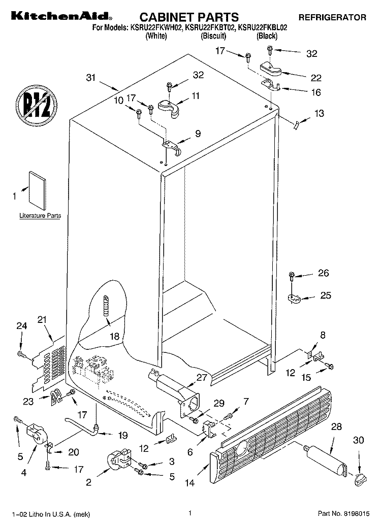 CABINET, LITERATURE Diagram and Parts List for KSRU22FKBL02  KitchenAid Refrigerator