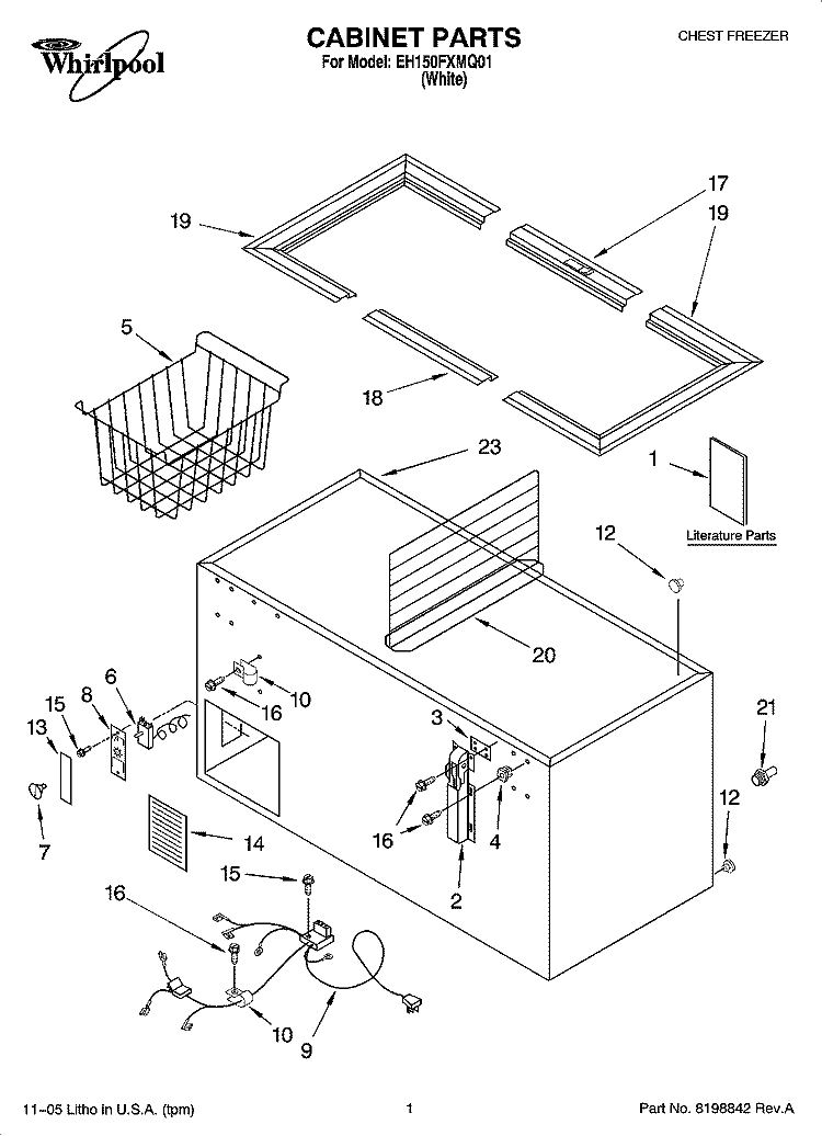 CABINET PARTS Diagram and Parts List for EH150FXMQ01  Whirlpool Freezer