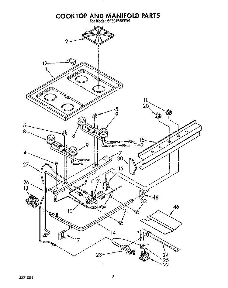 COOKTOP AND MANIFOLD Diagram and Parts List for SF304BSWW0  Whirlpool Range