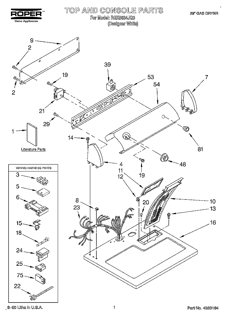 TOP AND CONSOLE, LIT/OPTIONAL Diagram and Parts List for RGX5634JQ0  Roper Dryer