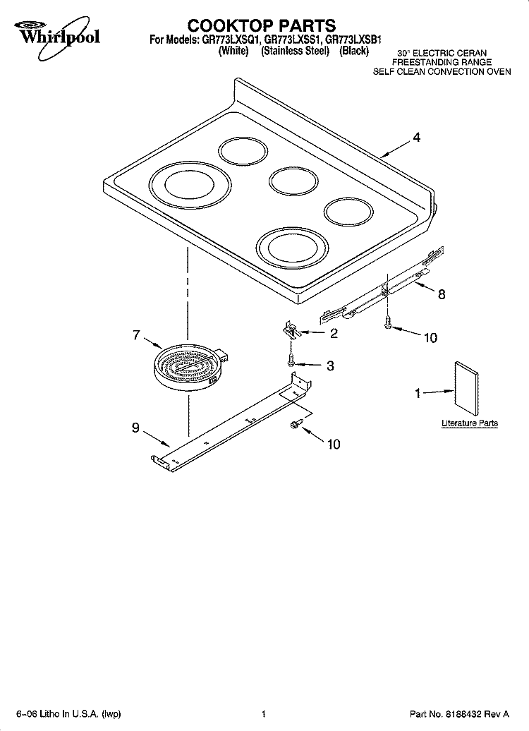 COOKTOP PARTS Diagram and Parts List for GR773LXSB1  Whirlpool Range