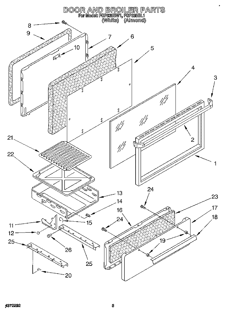 DOOR AND BROILER Diagram and Parts List for FGP335BL1  Roper Range