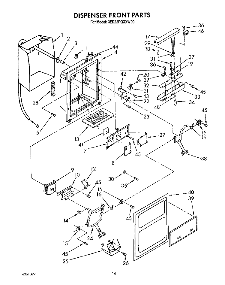 DISPENSER FRONT Diagram and Parts List for 3ED22RQXXW00  Whirlpool Refrigerator