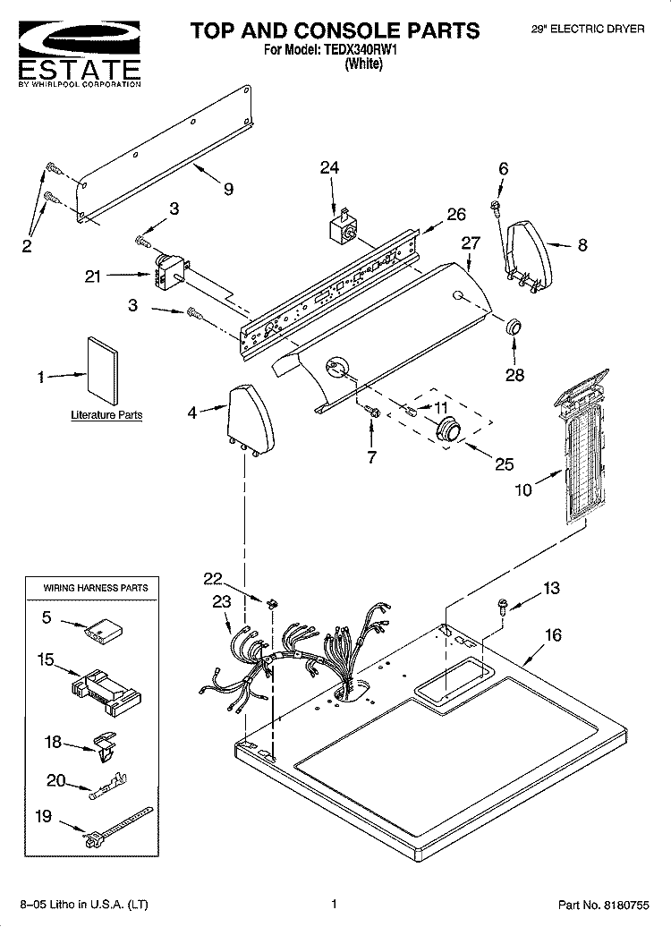 TOP AND CONSOLE PARTS Diagram and Parts List for TEDX340RW1  Estate Dryer