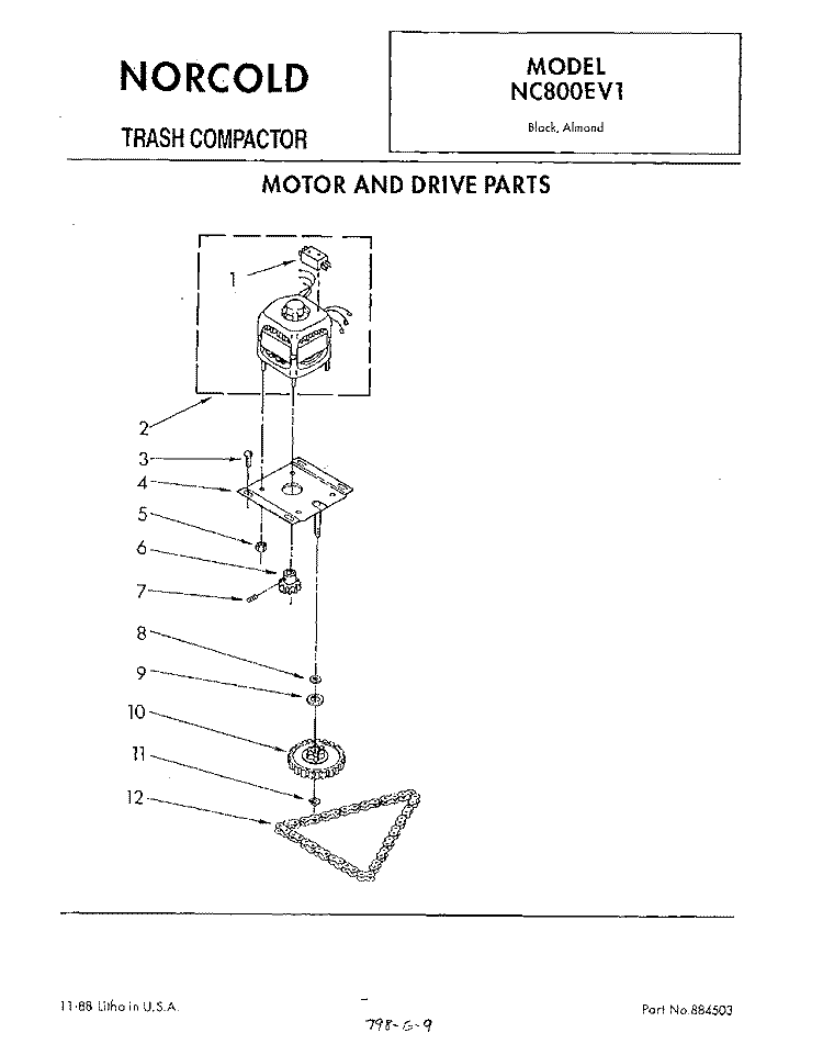MOTOR AND DRIVE , LITERATURE Diagram and Parts List for NC800EV1  Whirlpool Trash Compactor