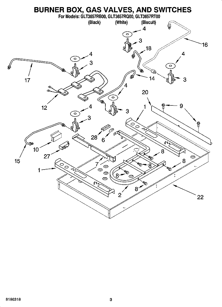 BURNER BOX, GAS VALVES, AND SWITCHES, OPTIONAL PARTS Diagram and Parts List for GLT3657RB00  Whirlpool Cooktop