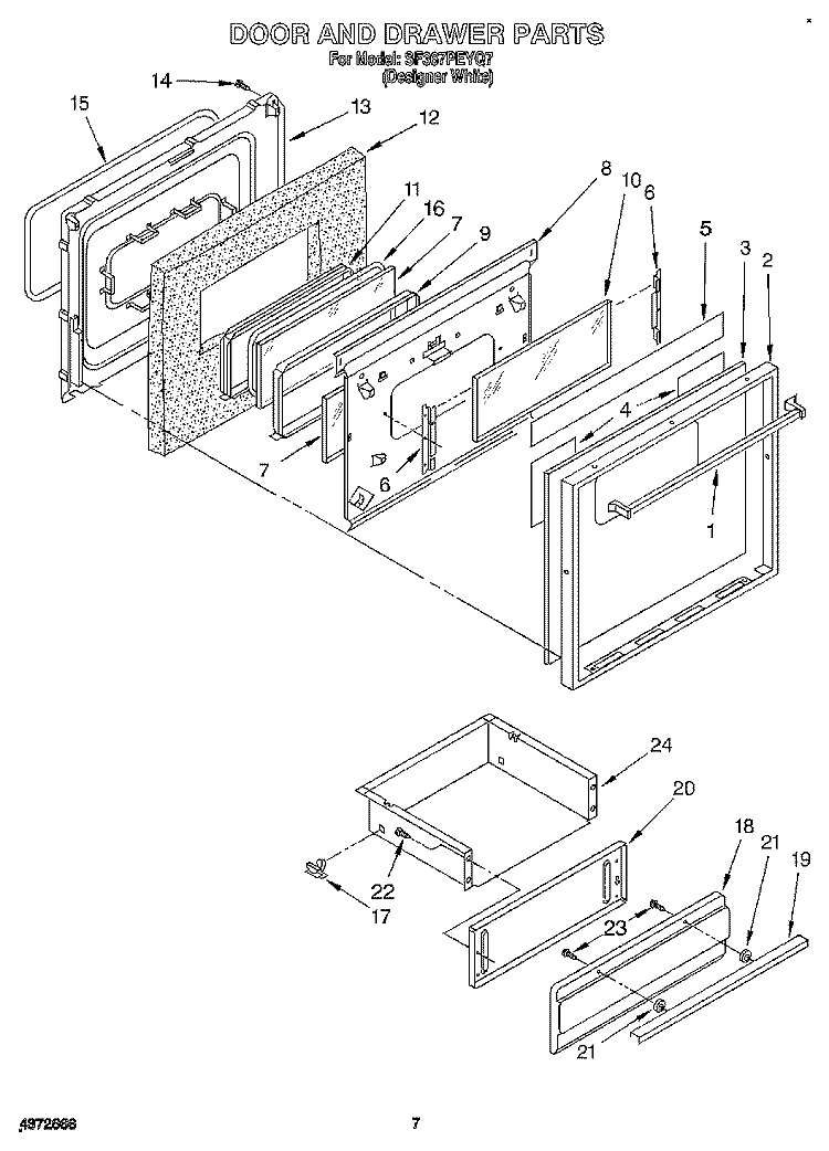 DOOR AND DRAWER Diagram and Parts List for SF367PEYQ7  Whirlpool Range