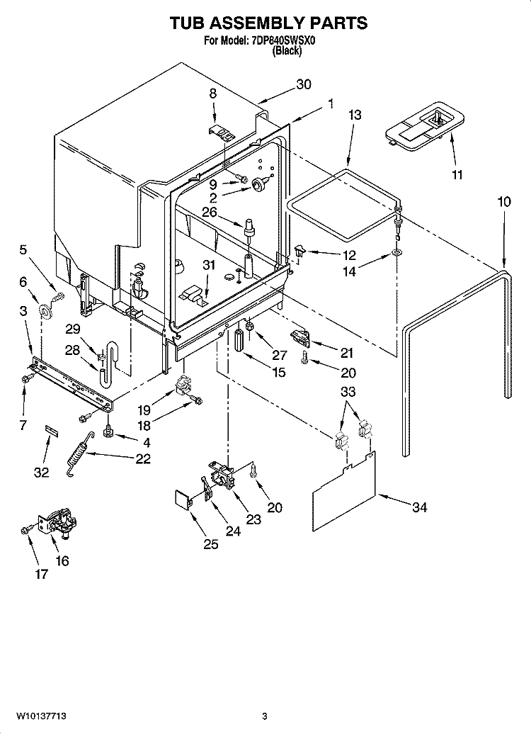 TUB ASSEMBLY PARTS Diagram and Parts List for 7DP840SWSX0  Whirlpool Dishwasher