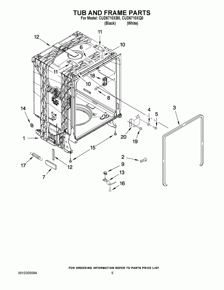 TUB AND FRAME PARTS Diagram and Parts List for CUD6710XB0  Crosley Dishwasher