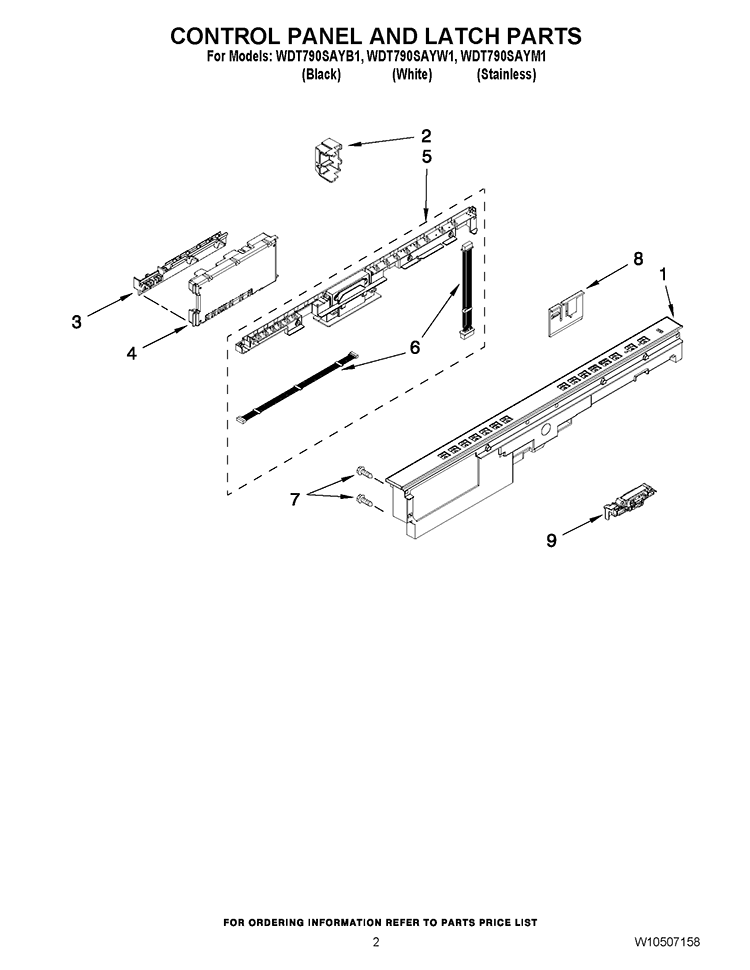 CONTROL PANEL AND LATCH PARTS Diagram and Parts List for WDT790SAYM1  Whirlpool Dishwasher