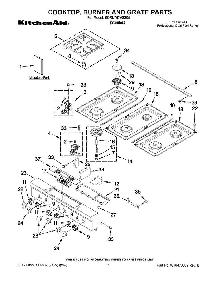 COOKTOP, BURNER AND GRATE PARTS Diagram and Parts List for KDRU767VSS04  KitchenAid Range