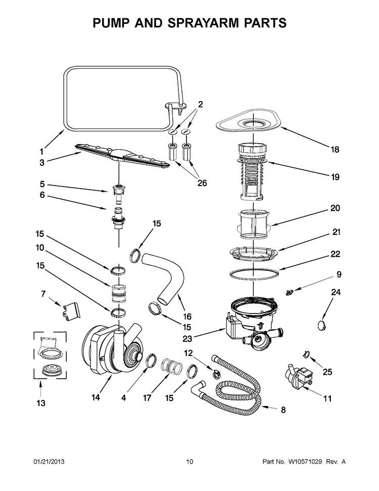PUMP AND SPRAYARM PARTS Diagram and Parts List for WDF518SAAW0  Whirlpool Dishwasher