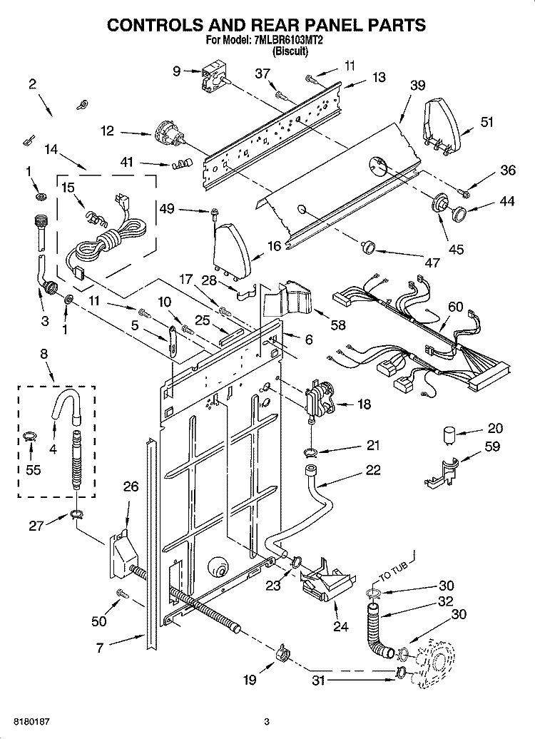 CONTROLS AND REAR PANEL PARTS Diagram and Parts List for 7MLBR6103MT2  Whirlpool Washer