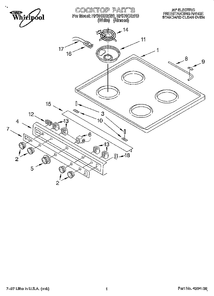 COOKTOP Diagram and Parts List for RF3010XEN0  Whirlpool Range