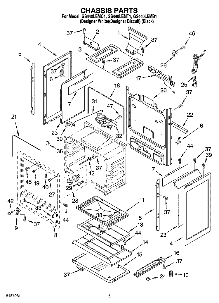 CHASSIS PARTS Diagram and Parts List for GS440LEMB1  Whirlpool Range