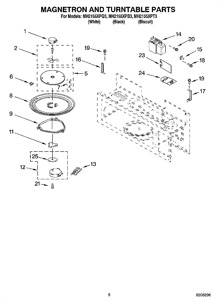 MAGNETRON AND TURNTABLE PARTS Diagram and Parts List for MH2155XPQ3  Whirlpool Microwave