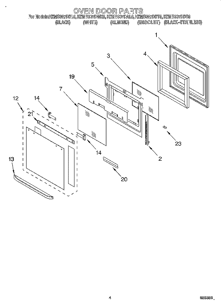 OVEN DOOR Diagram and Parts List for KEMS307DBS6  KitchenAid Microwave Oven Combo