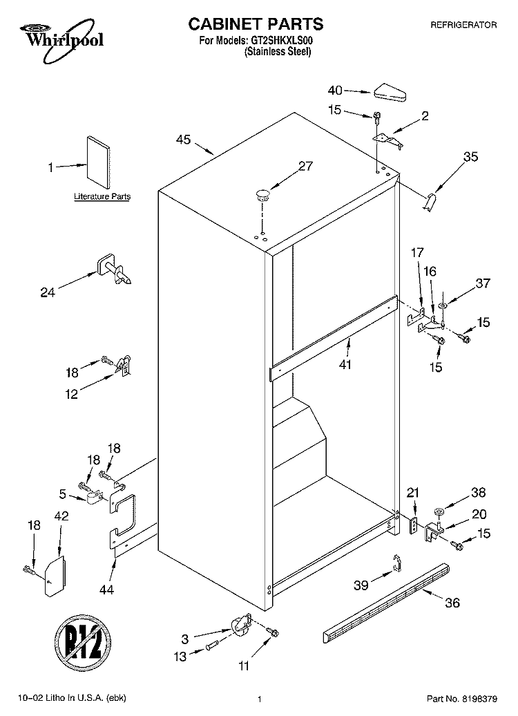 CABINET, LITERATURE Diagram and Parts List for GT2SHKXLS00  Whirlpool Refrigerator