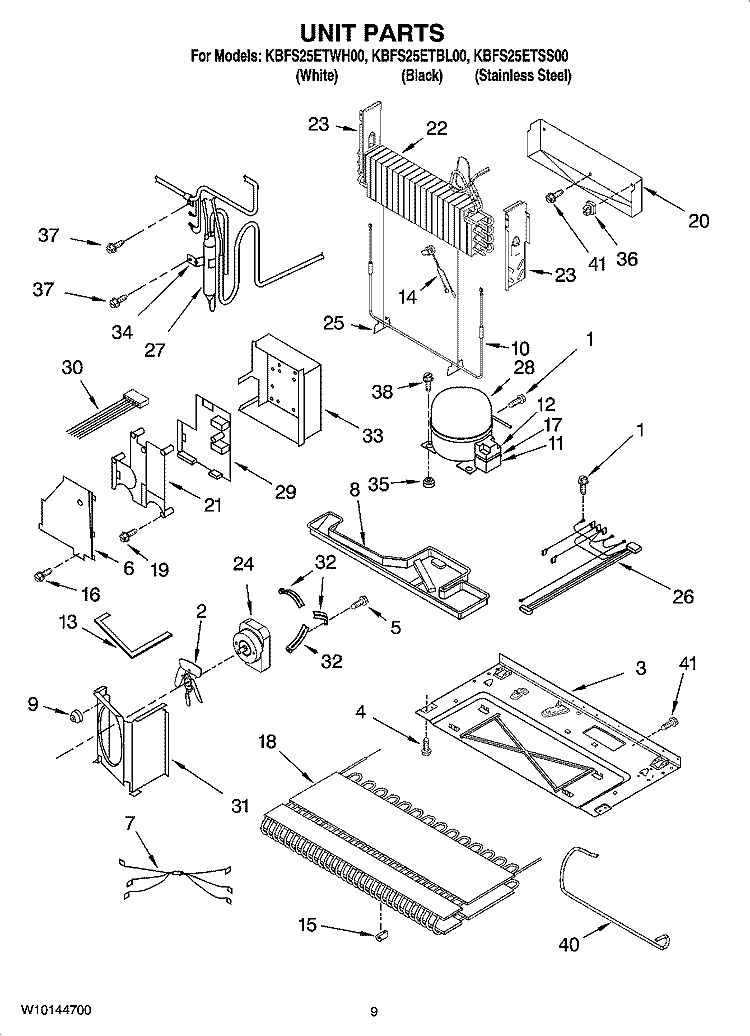 UNIT PARTS Diagram and Parts List for KBFS25ETSS00  KitchenAid Refrigerator