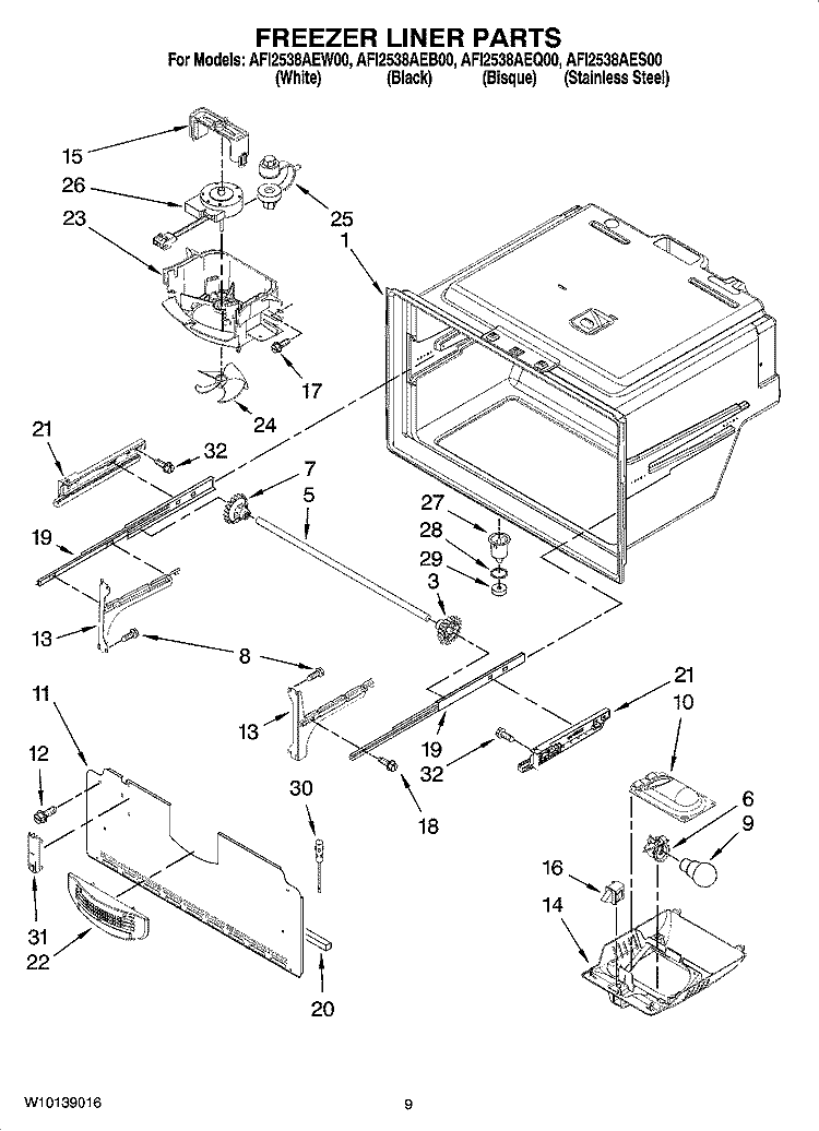 FREEZER LINER PARTS Diagram and Parts List for AFI2538AEB00  Whirlpool Refrigerator