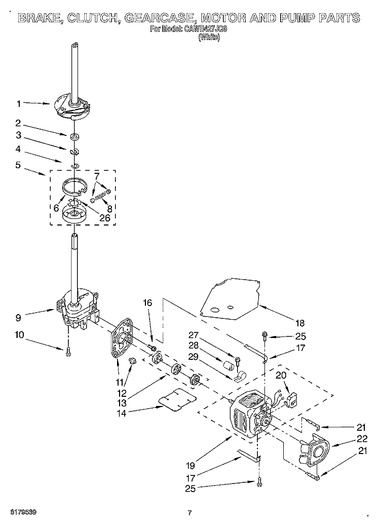 BRAKE, CLUTCH, GEARCASE, MOTOR AND PUMP Diagram and Parts List for CAWB427JQ0  Crosley Washer
