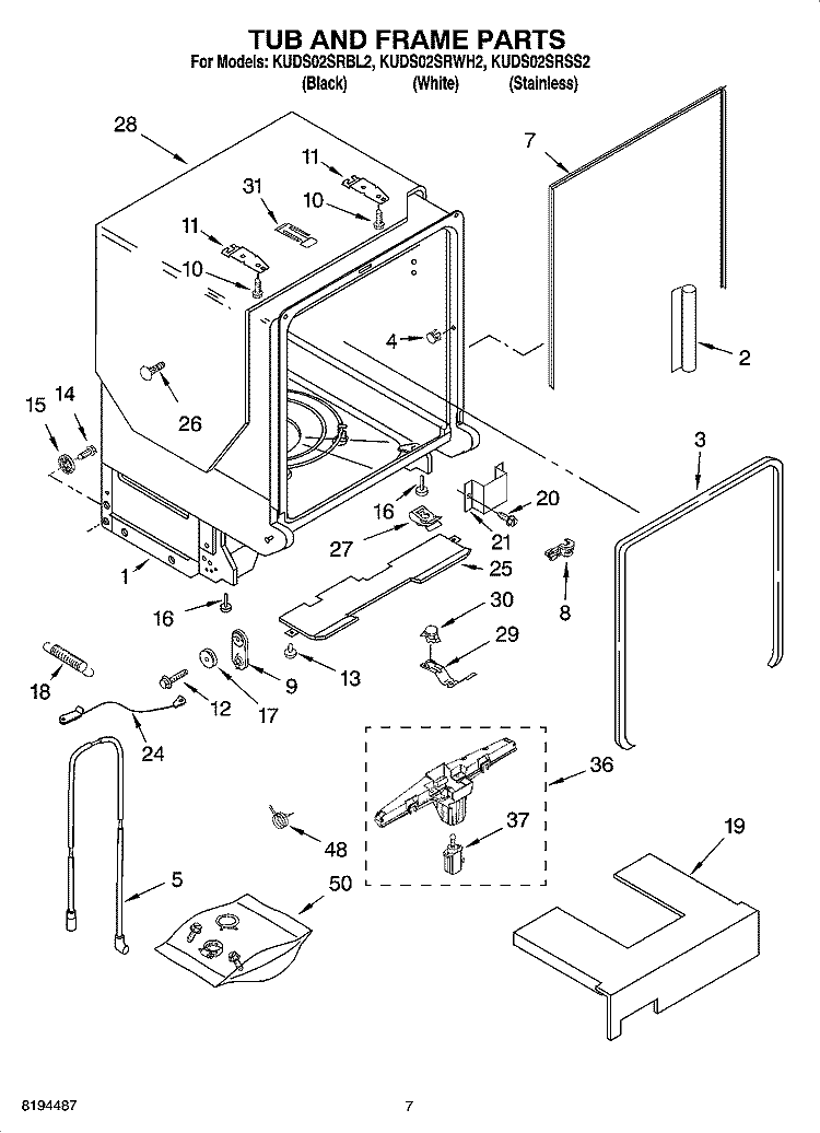 TUB AND FRAME PARTS Diagram and Parts List for KUDS02SRBL2  KitchenAid Dishwasher